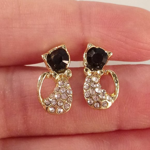 Gold Plated Black Crystal Cat Stud Earrings Women's Party Gift - Picture 4 of 5